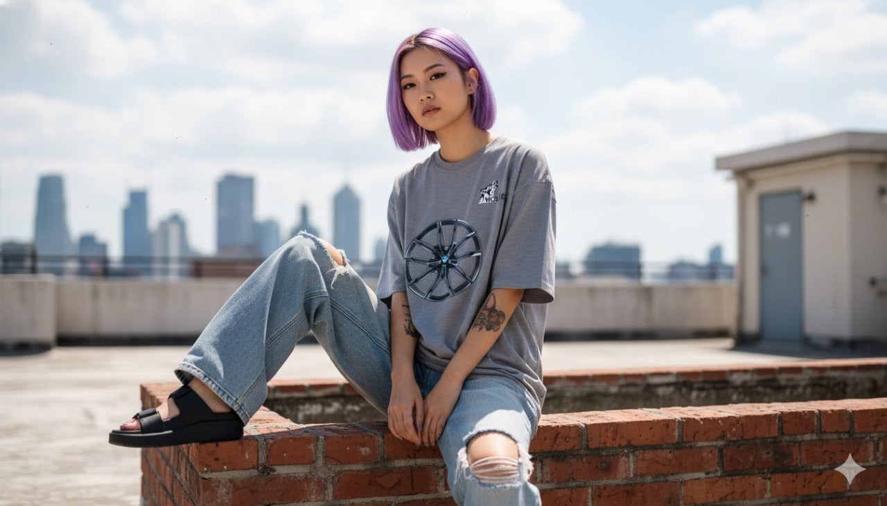 Built Not Bought – Graphic Grey Down shoulder